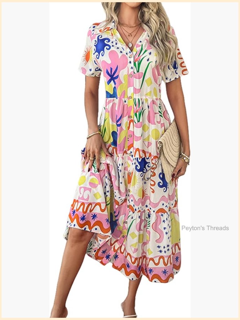 V-Neck Short Sleeve Floral Boho Midi Dress Casual Button-Up Flowy Summer Beach
